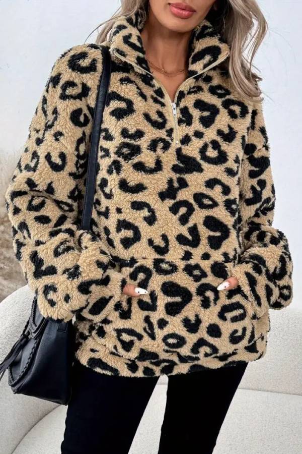 Leopard print plush half-zip stand collar top