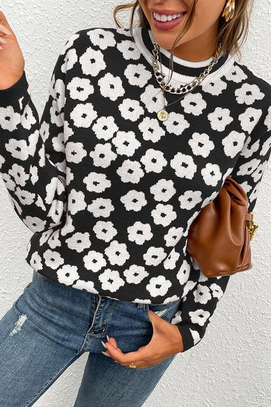 Mock Neck Floral Print Knitted Sweater Color Block Light Weight Sweater