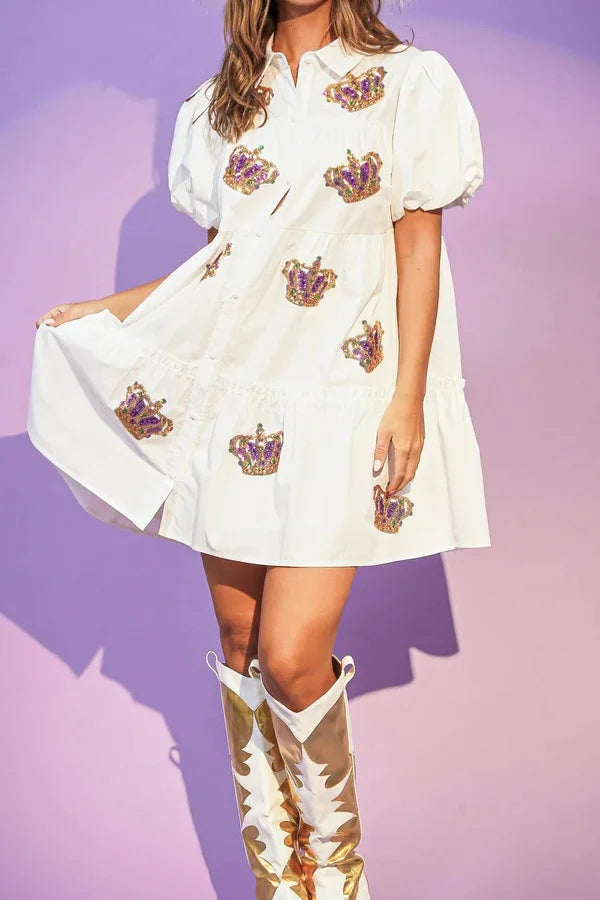 Mardi Gras Sequin Crown Mini Dress