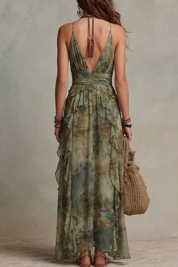 Bohemian Watercolor Print Ruffled Maxi Dress