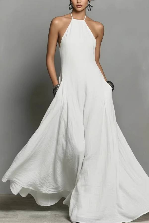 Multi-Color Halter Open-Back Textured Maxi Dress