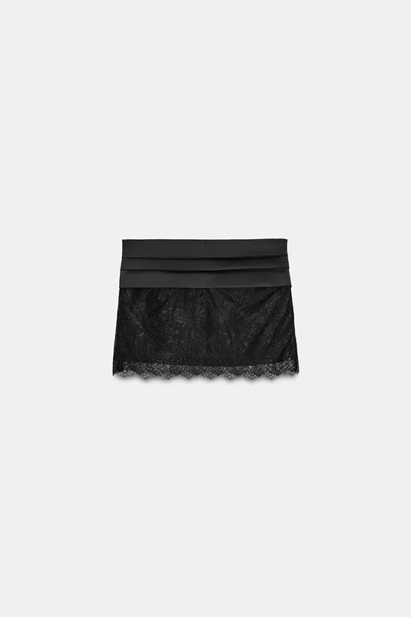 Anna Satin Bow Appliqué Mid Rise Lace Hem Mini Skirt