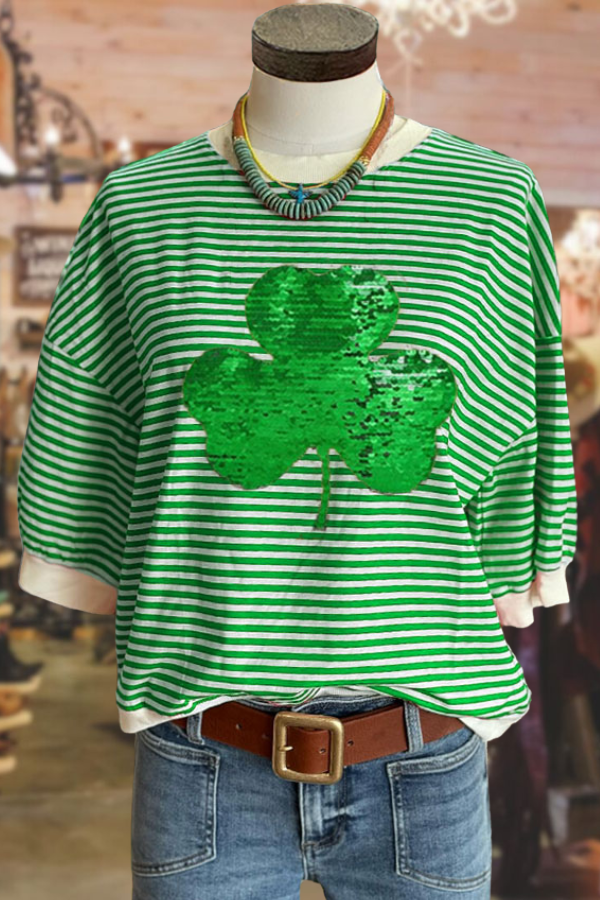 Sequined St. Patrick's Day Shamrock Striped Top
