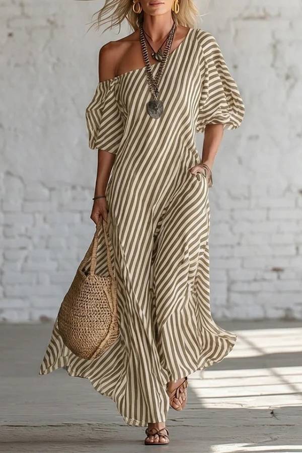 Asymmetric One-Shoulder Striped Maxi Dress