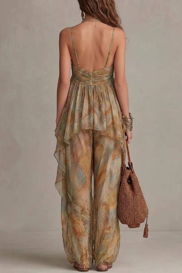 Watercolor Print Halter Chiffon Top & Wide-Leg Pants Two-Piece Set