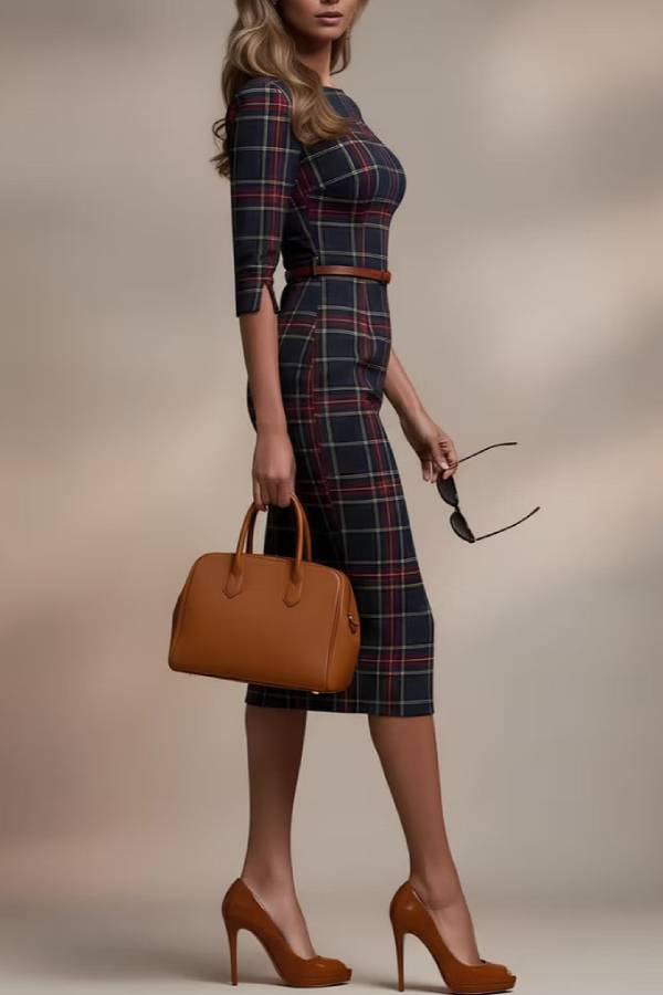 Classic checked midi dress with three-quarter sleeves