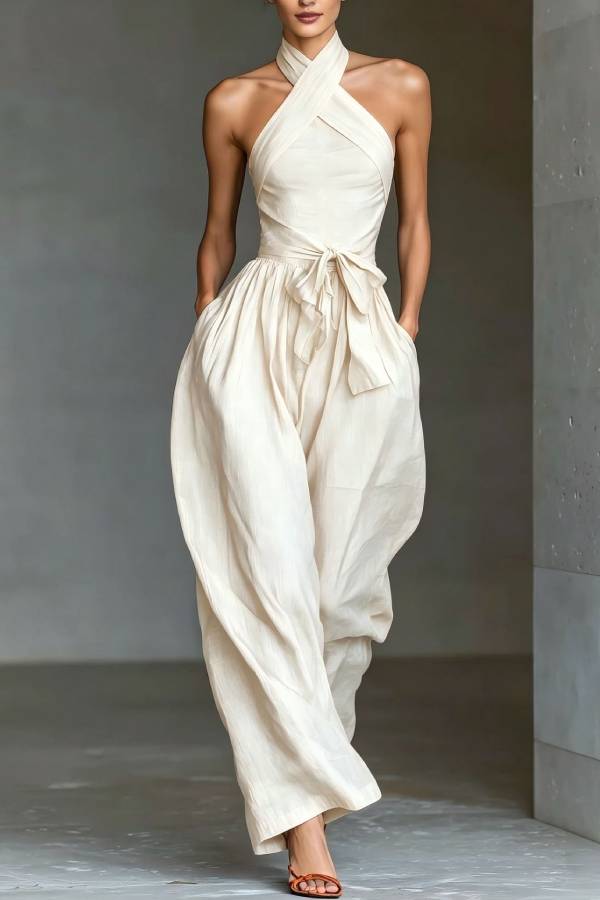 Halter Cross-Tie Waisted Wide-Leg Jumpsuit