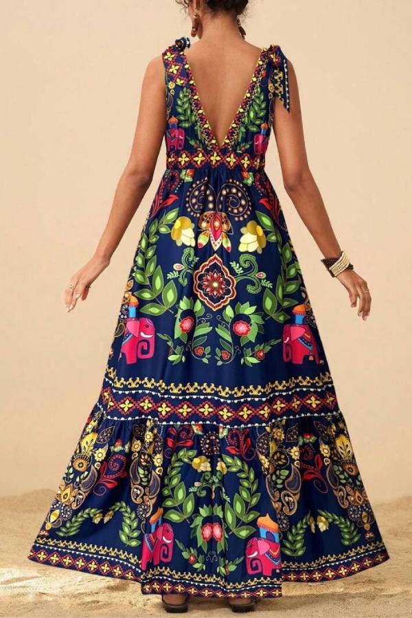 Bohemian Deep V Tie Print Long Swing Dress