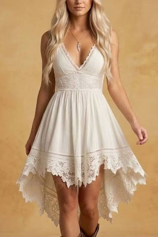 Women's White Lace Trim High Low Mini Dress