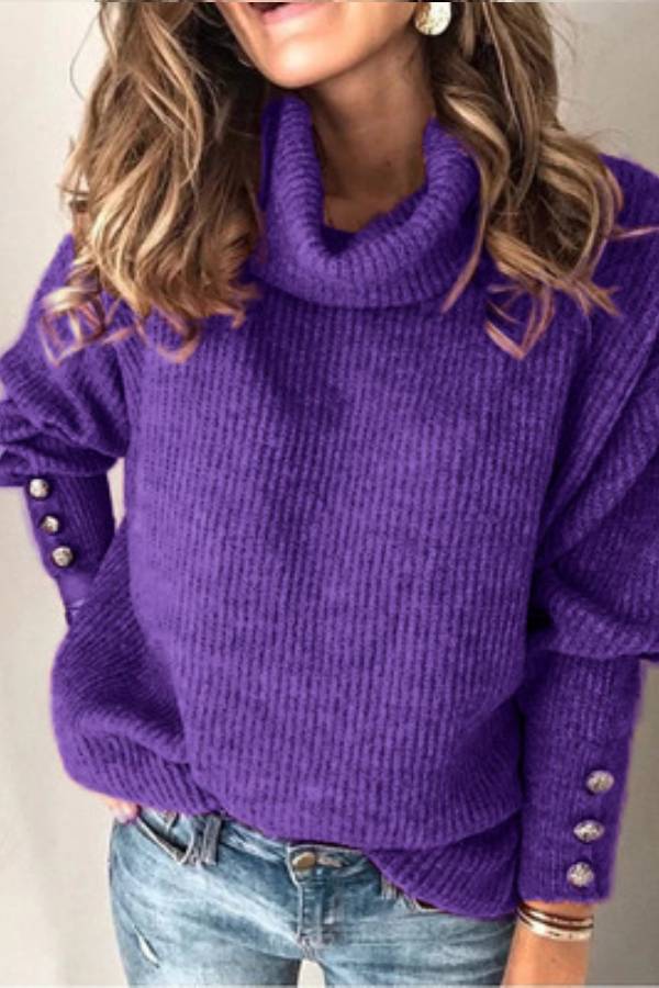 High-neck button-decorated loose knit sweater