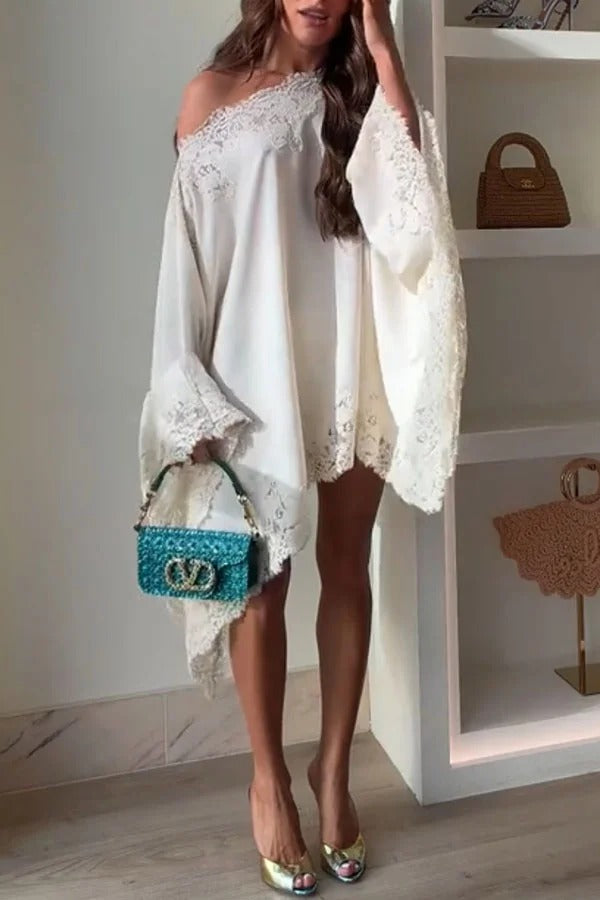 Like A Swan Satin Lace Trim Off Shoulder Wide Sleeve Cape Top