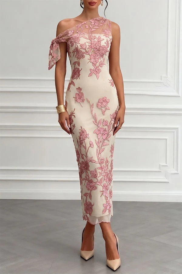 Kylen Floral Embroidery Bow Lace One Shoulder Sleeveless Sheath Maxi Dress