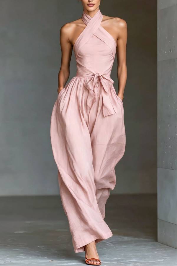 Halter Cross-Tie Waisted Wide-Leg Jumpsuit