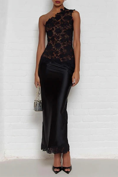 Rachel Floral Lace One Shoulder Satin Hem Sheath Midi Dress