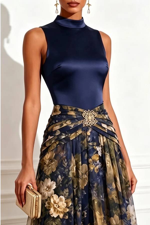 Prairie Satin High Neck Metallic Butterfly Detail Floral Tulle Hem Maxi Dress