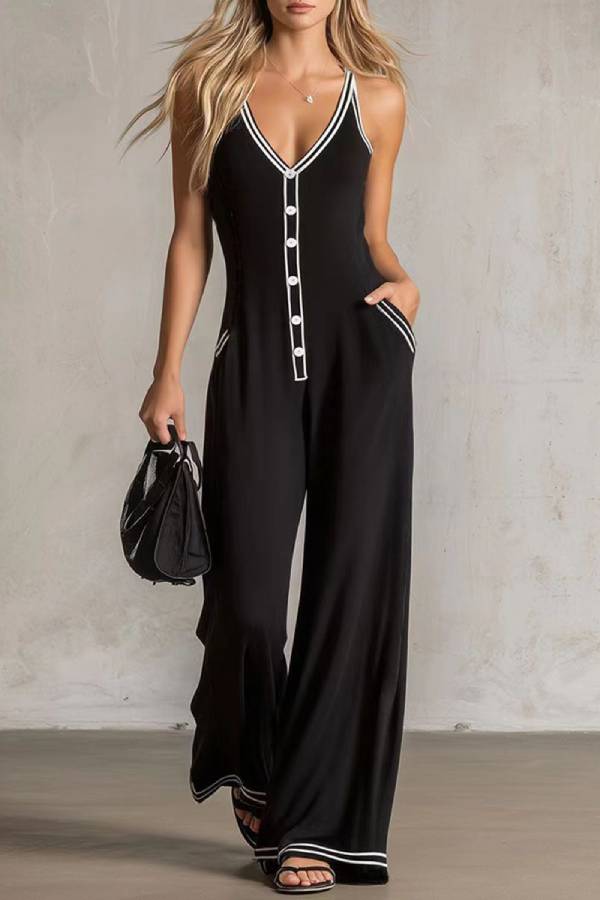 Contrast White Trim V-Neck Spaghetti Strap Single Button Draped Wide Leg Jumpsuit