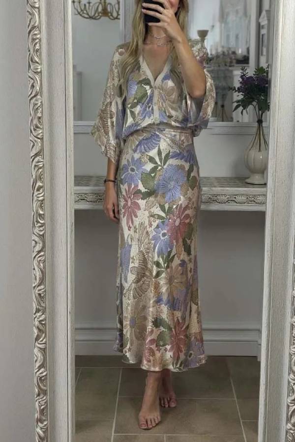 Exquisite Satin Floral Print Fishtail Skirt