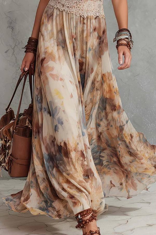 Bohemian Watercolor Print Halter Maxi Dress