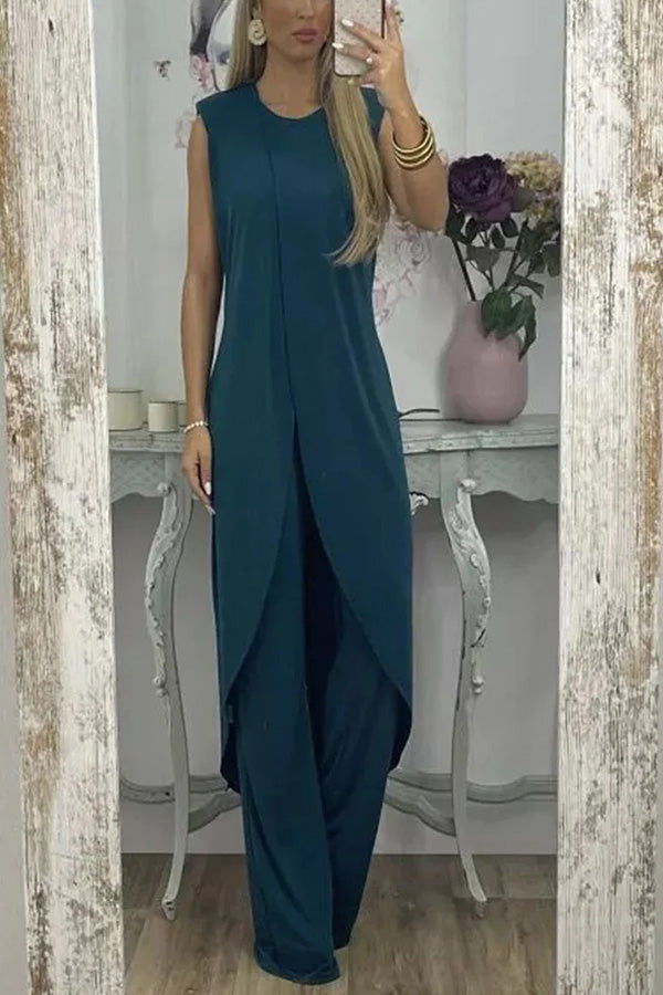 Casual Sleeveless Slit Top Loose Two-piece Set