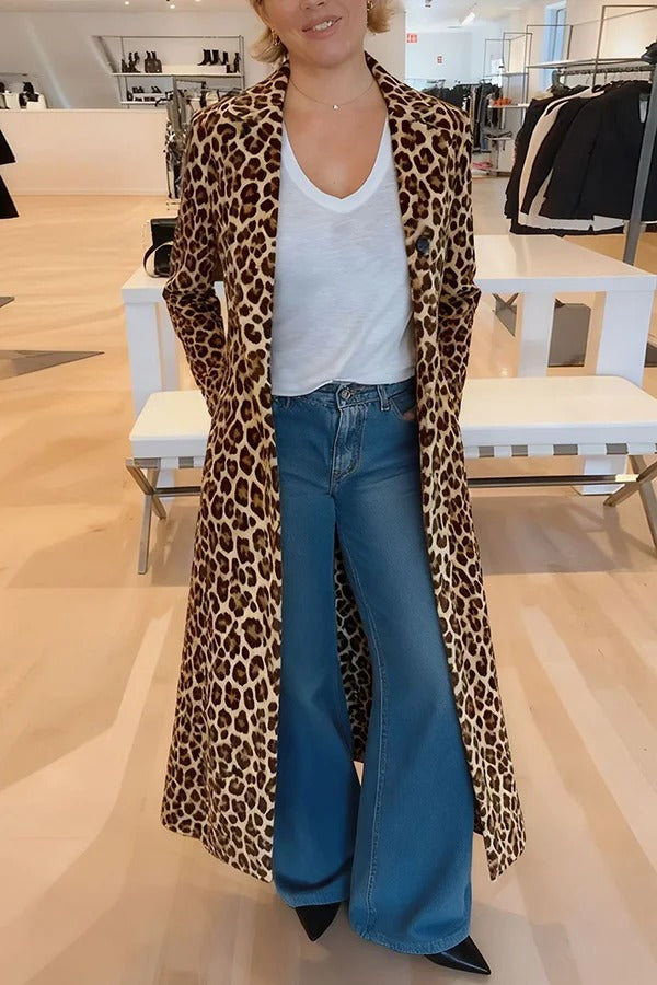 Leopard Print Long Sleeve Pocket Casual Maxi Trench Coat