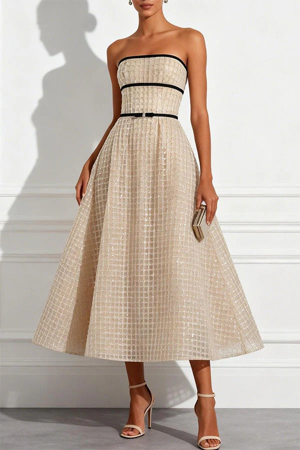 Stardust Plaid and Sequin Bow Patchwork Detail Strapless A-line Midi Dress
