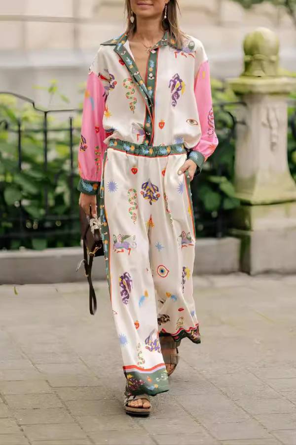 Artistic print collared shirt and wide-leg pants two-piece set