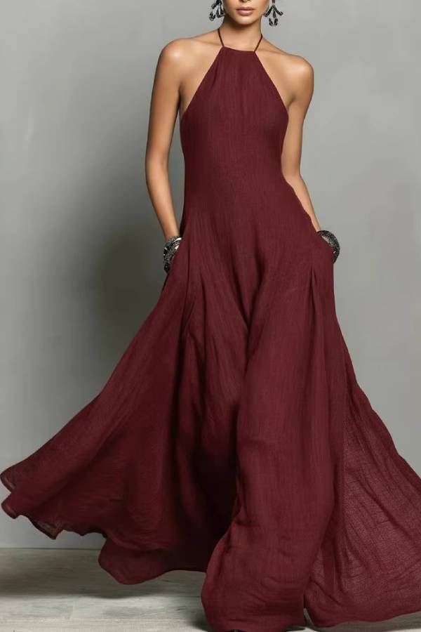 Multi-Color Halter Open-Back Textured Maxi Dress