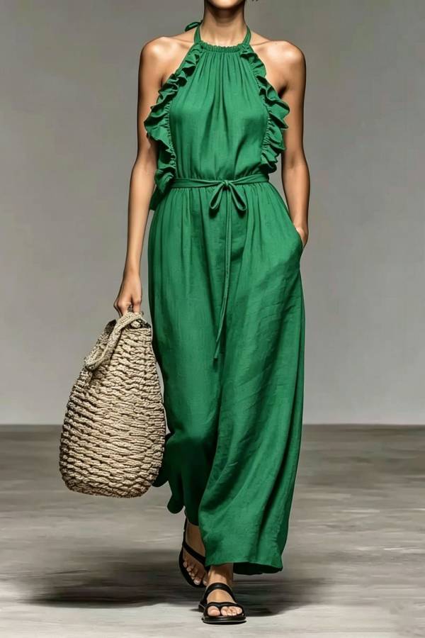 Halter Ruffle Trim Tie Waist Linen Wide Leg Jumpsuit