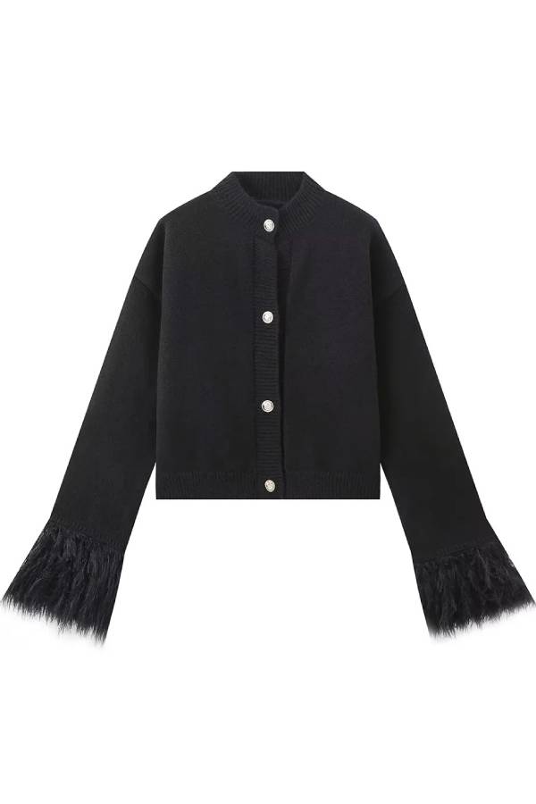 Cropped knitted cardigan with feather cuffs
