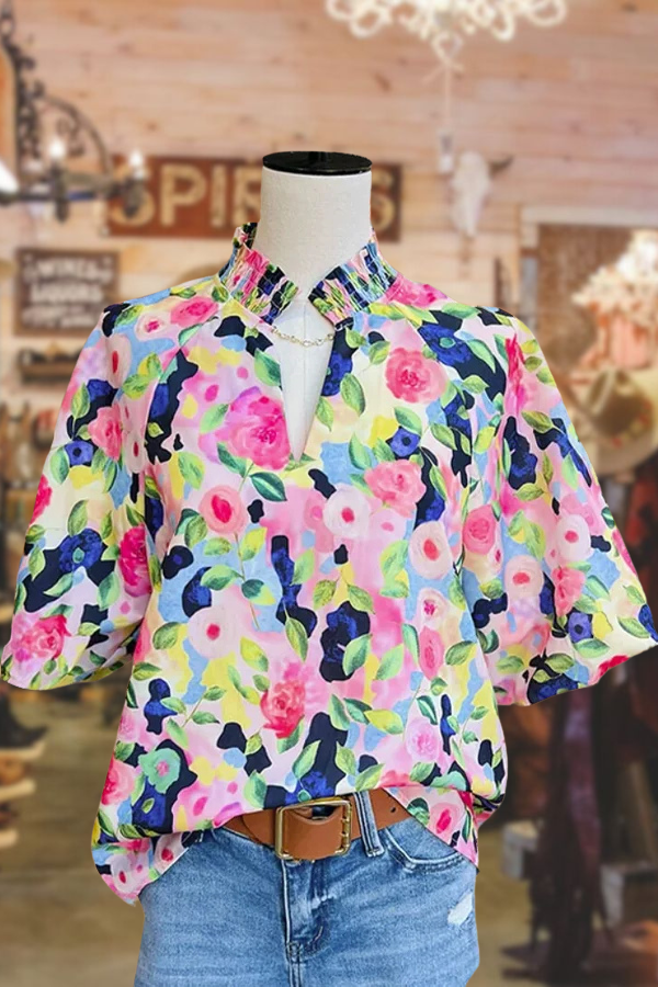 Floral Print Ruffle V-Neck Bubble Sleeve Top
