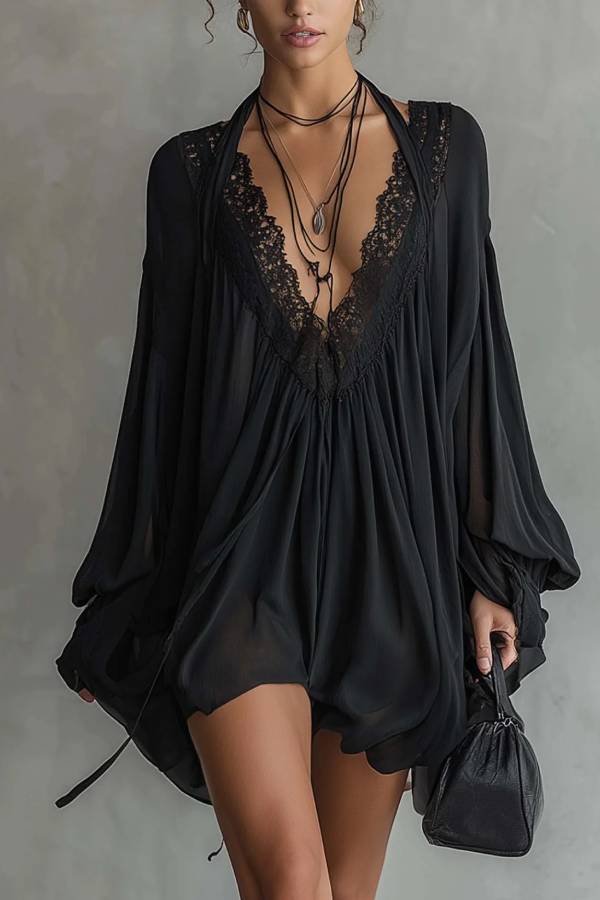 Black Chiffon Halter Mini Dress With Lace Neckline