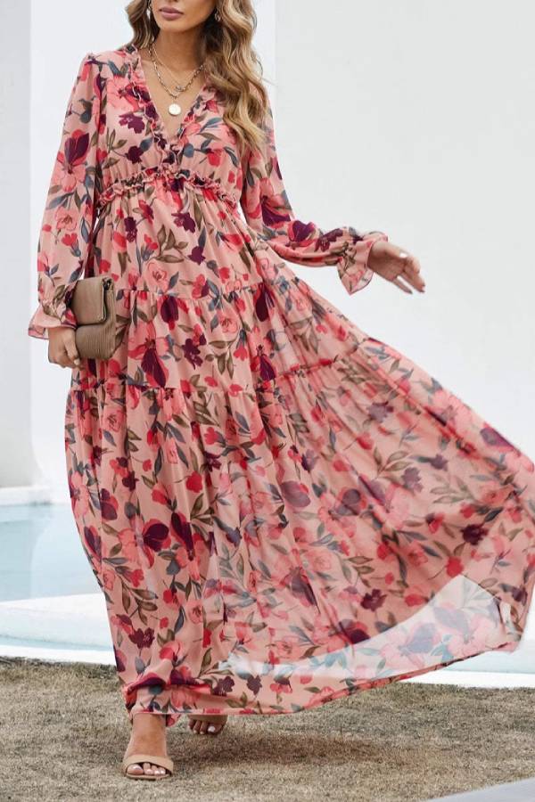 V-neck ruffled floral maxi dress with waist and wide hem