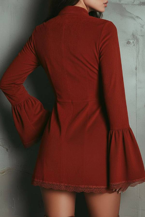 Vintage Rust Red Bell Sleeve Embroidered Faux Suede Lace Mini Dress