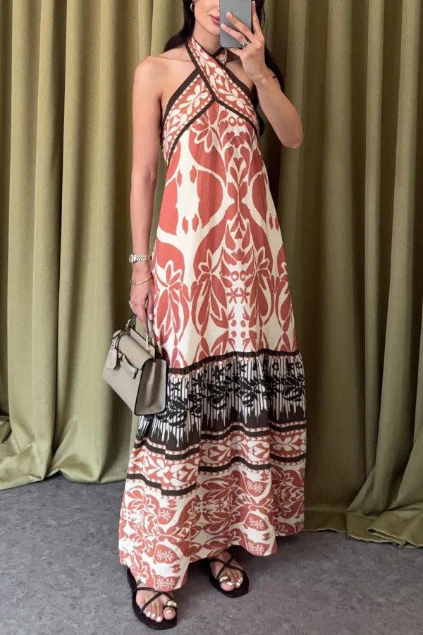 Bohemian Style Unique Print Halter Neck Casual Vacation Maxi Dress