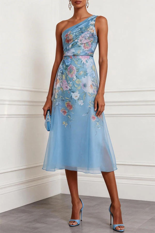 Darla Tulle Floral Ruched One Shoulder Sleeveless A-Line Midi Dress