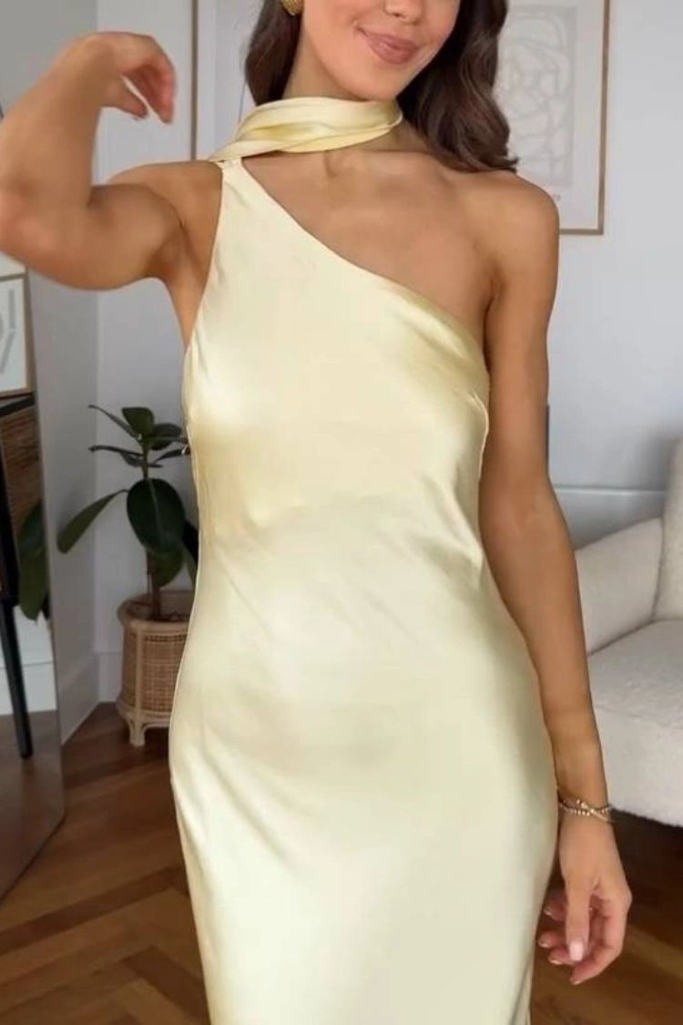 Flowing Elegance Satin One Shoulder Scarf Maxi Dress