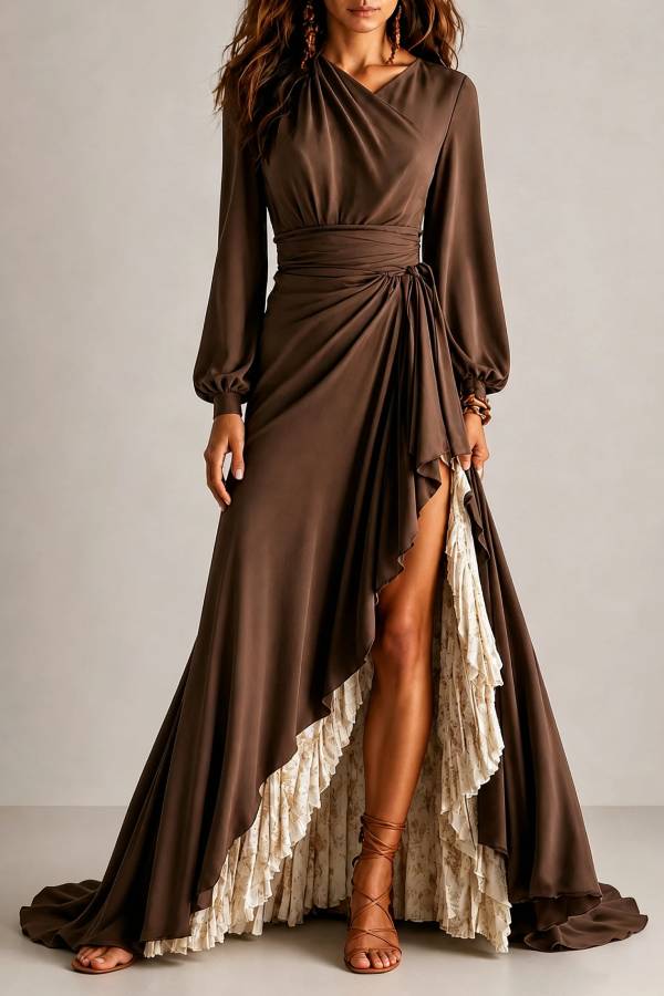 Wrap V Neck Lantern Sleeve Two-Layer Ruffle Slit Maxi Formal Dress
