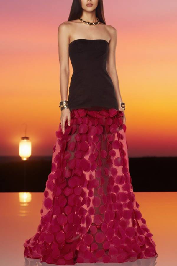 Strapless polka dot mesh gown