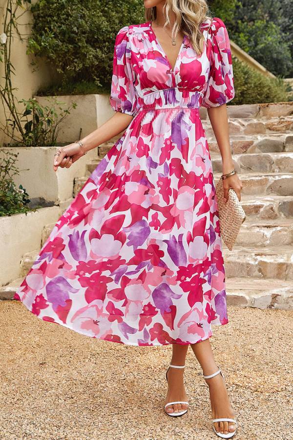 Elegant waist V-neck chiffon print dress