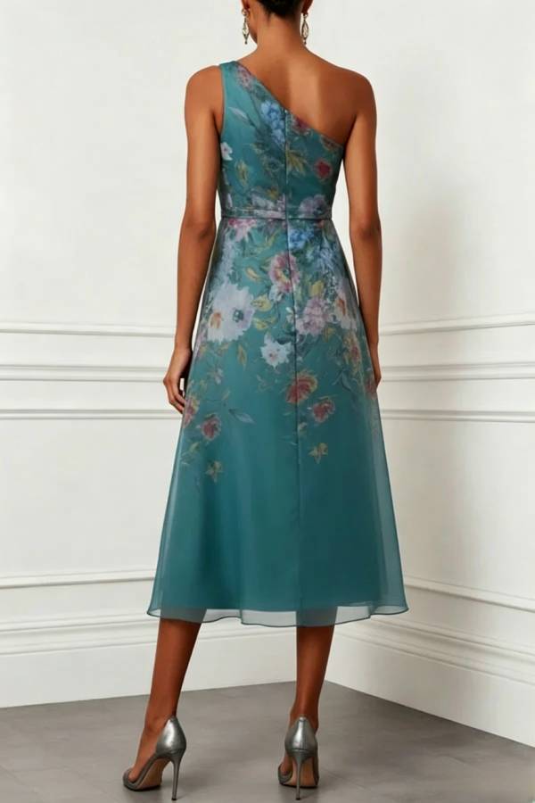 Darla Tulle Floral Ruched One Shoulder Sleeveless A-Line Midi Dress