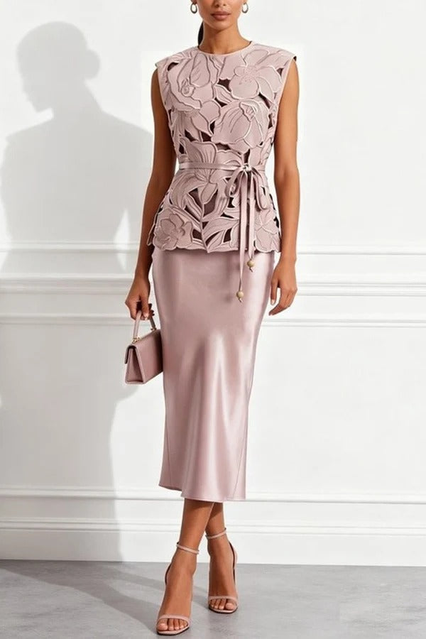Elegant Cutout Embroidered Flowers Tie-up Sleeveless Top and Satin Slip Dress Two-Piece Set