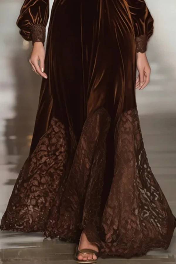 Lace Patchwork Turtleneck Balloon Sleeve Velvet Maxi Dresses