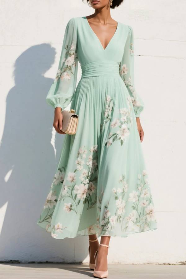 Light Green V-Neck Chiffon Pleated Floral Midi Dress