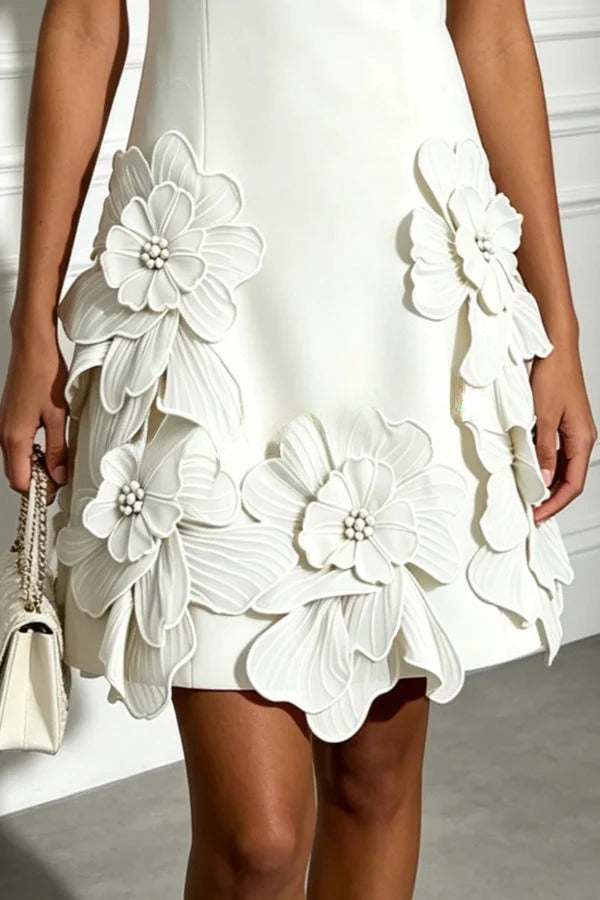 Delicate Silhouette Pearl Trim Cutout Neck Sleeveless 3D Florals Hem Mini Dress
