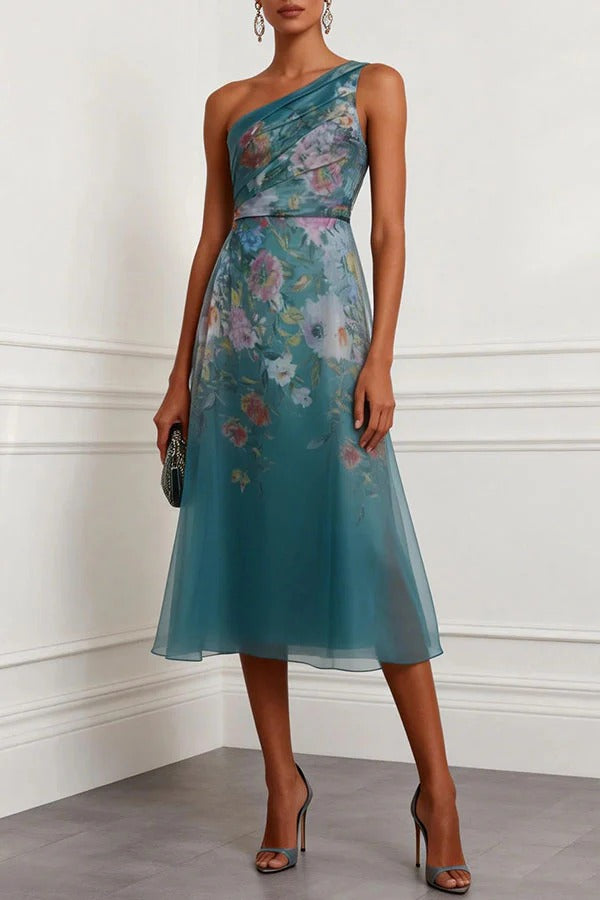 Darla Tulle Floral Ruched One Shoulder Sleeveless A-Line Midi Dress
