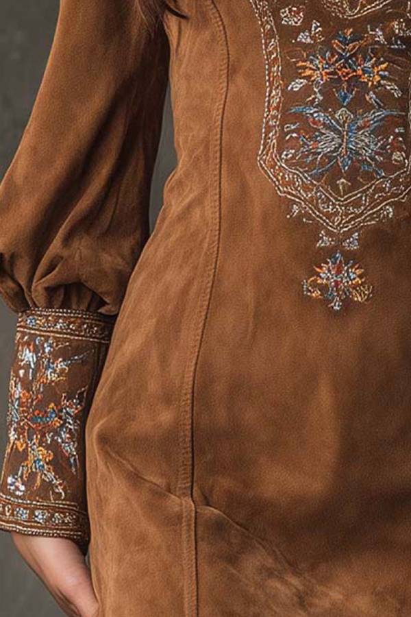 Vintage brown V-neck suede embroidered mini dress