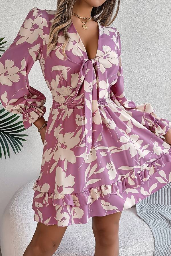 Floral print deep V long sleeve fitted waist ruffle dress