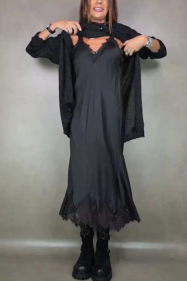 Fashionable V-neck Suspender Lace Splicing Casual Midi Dress