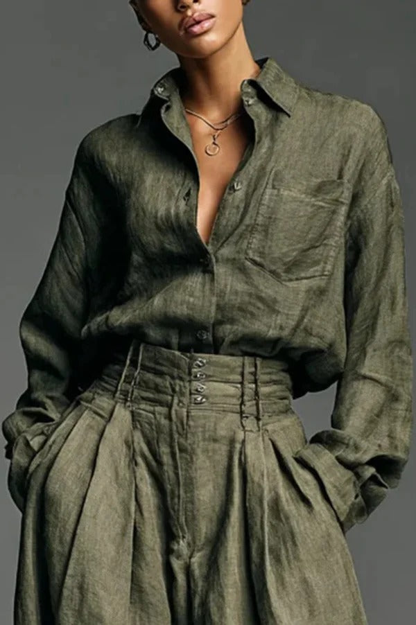 Linen Blend Lapel Long-sleeved Casual Shirt and High-waist Pocket Loose Wide-leg Pants Set