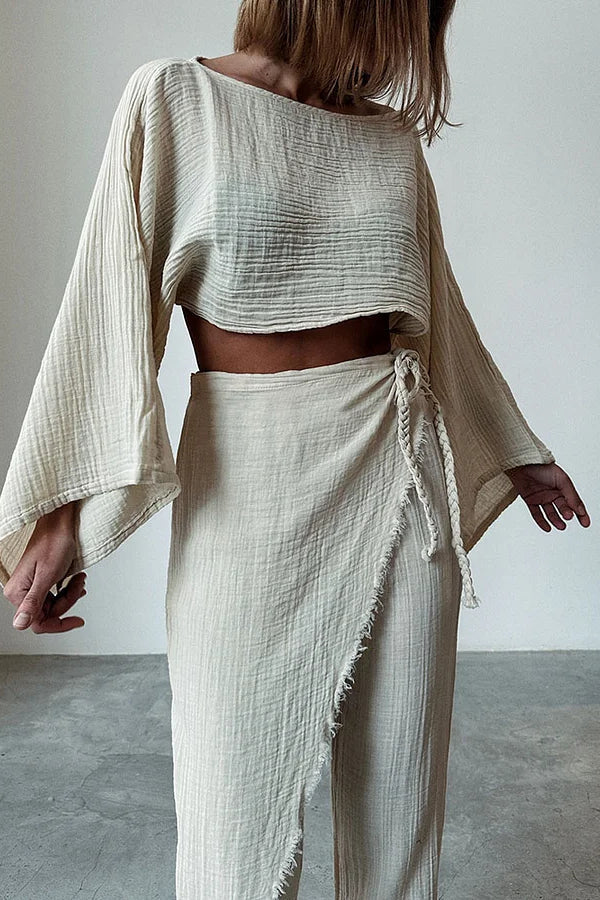 Woven Lace-up Cotton and Linen Two-piece Set